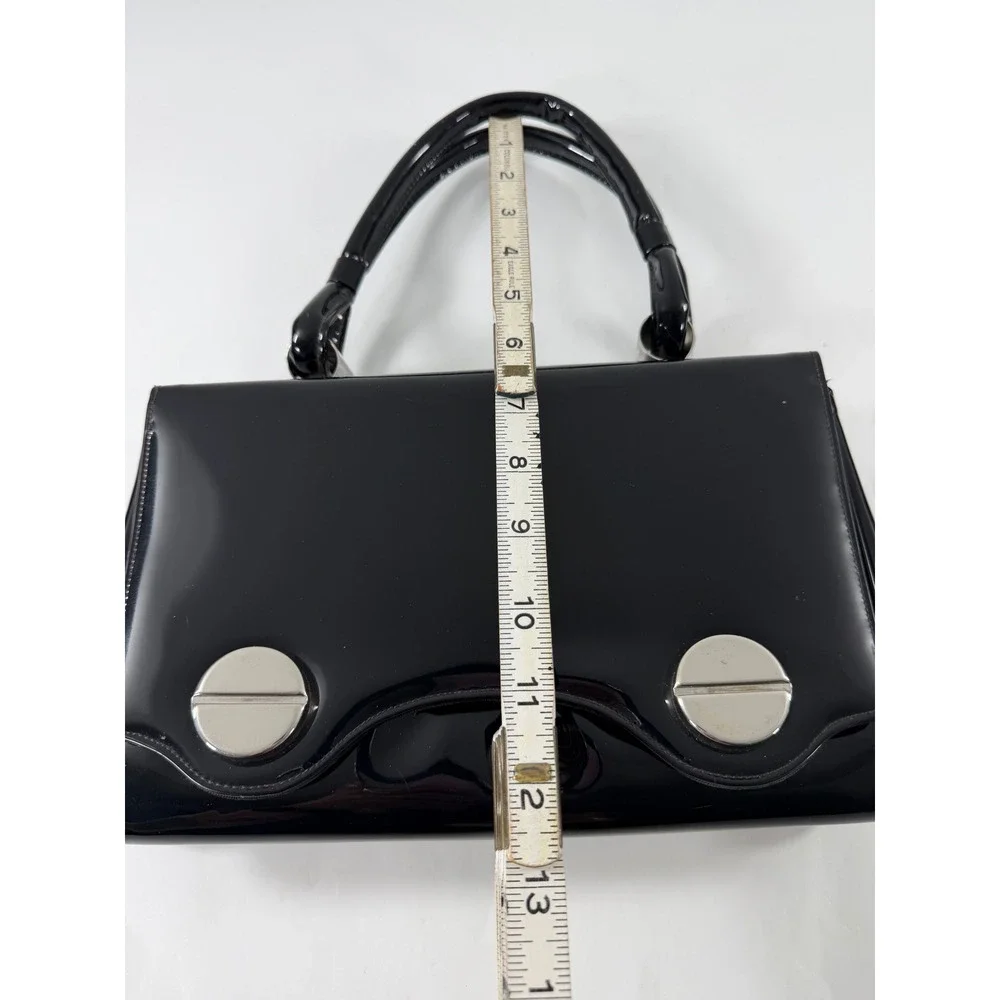Crown Lewis Black Patent Leather Top Handle Bag Silver Hardware Dark Academia